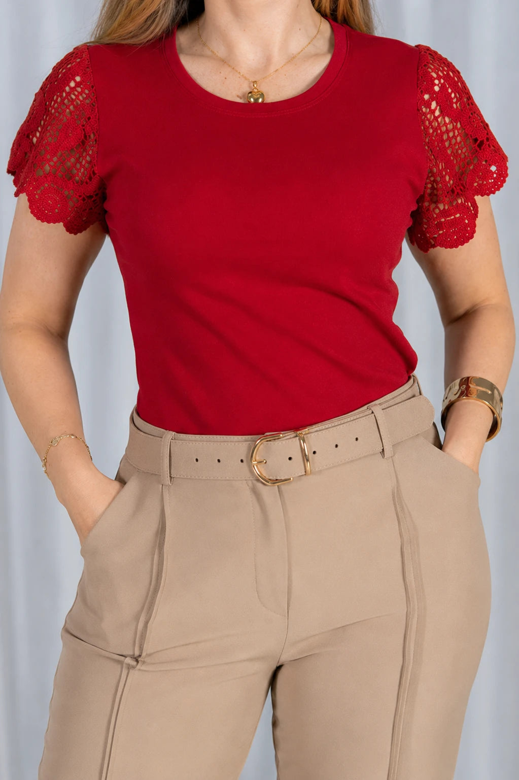 Blusa Cotton Lycra com Detalhe em Crochê Lidia Vermelha
