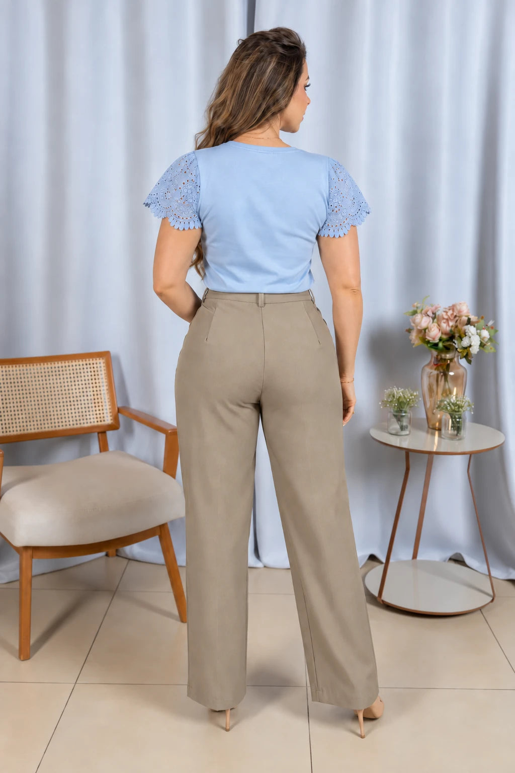 Blusa Cotton Lycra com Manga em Laise Delicado Lisandra Azul