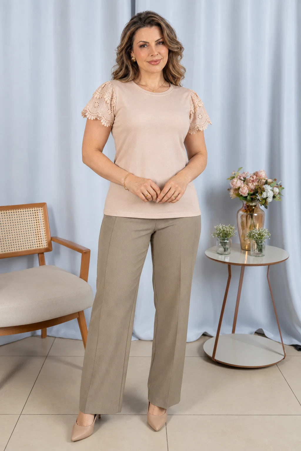 Blusa Cotton Lycra com Manga em Laise Delicado Lisandra Bege