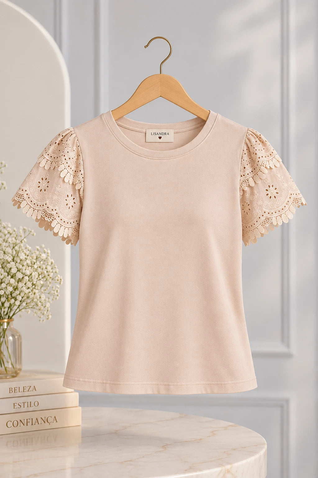 Blusa Cotton Lycra com Manga em Laise Delicado Lisandra Bege