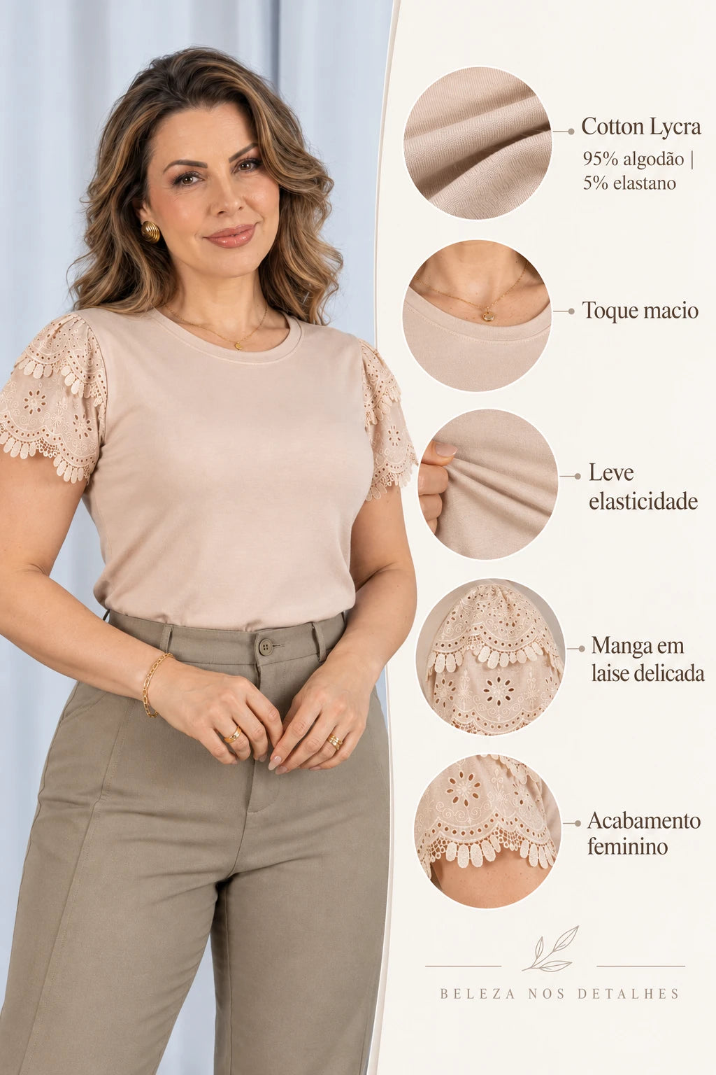 Blusa Cotton Lycra com Manga em Laise Delicado Lisandra Bege