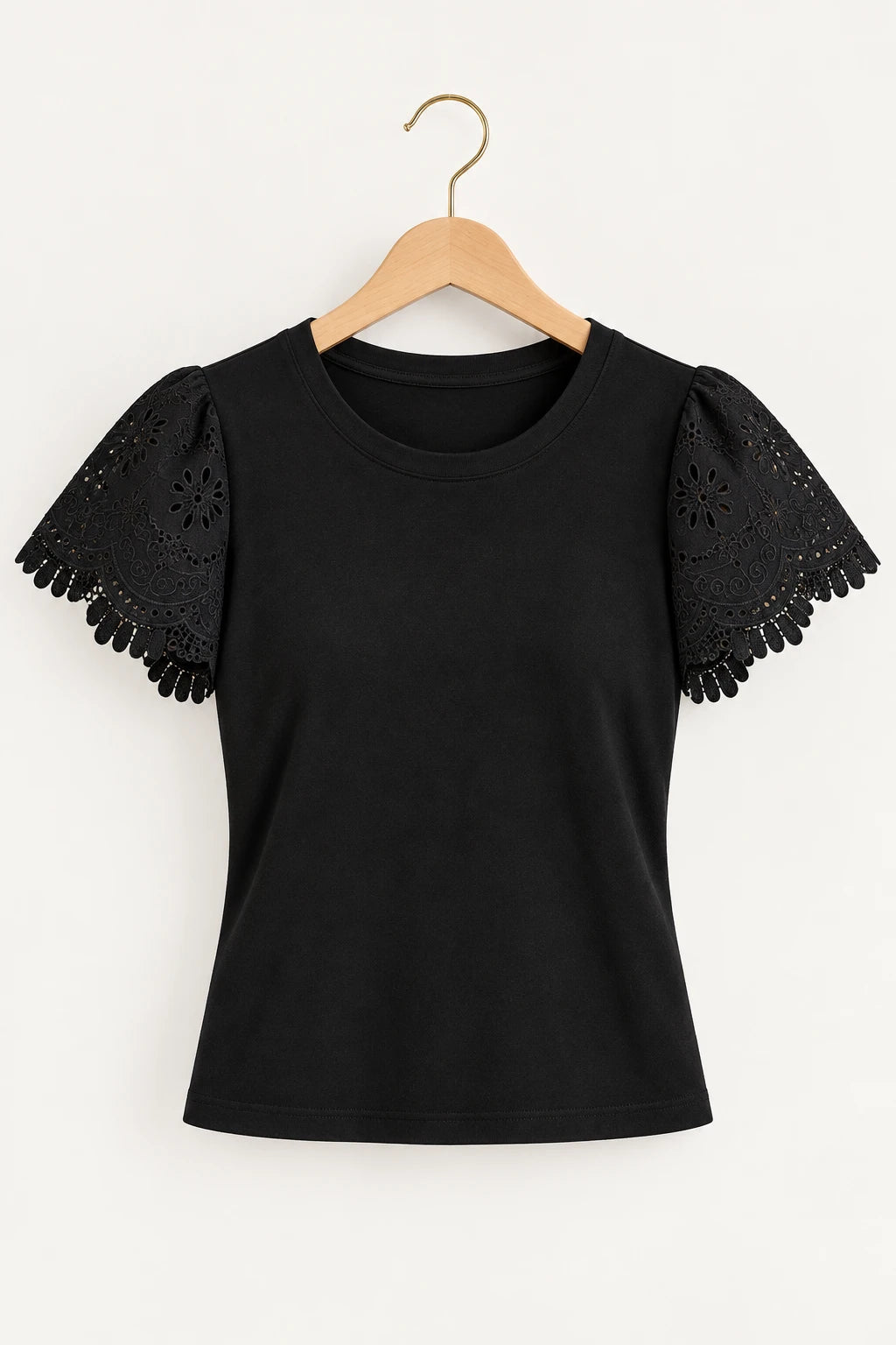 Blusa Cotton Lycra com Manga em Laise Delicado Lisandra Preta