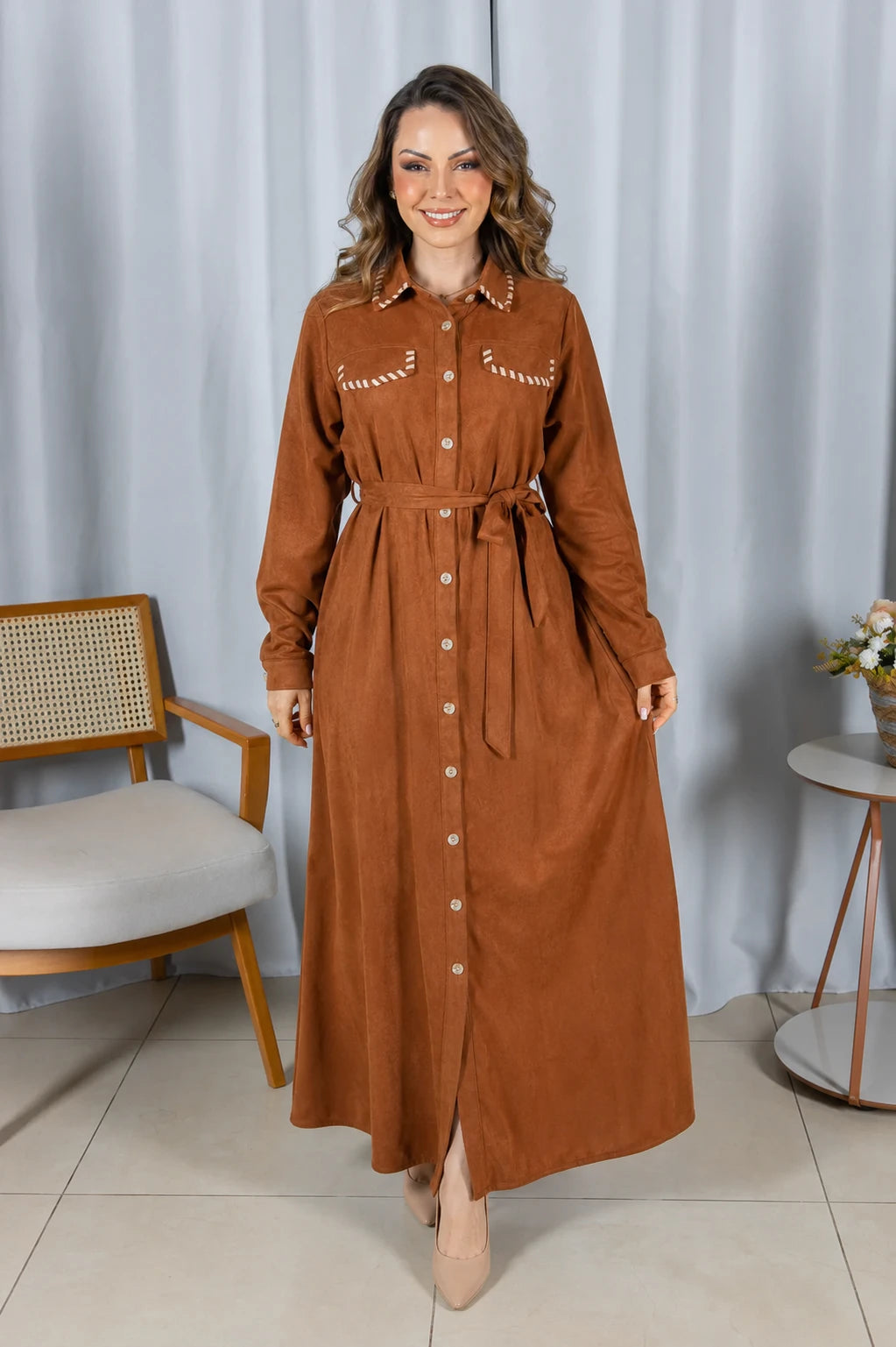 Chemise Suede Pesponto Sofisticado Luna Caramelo