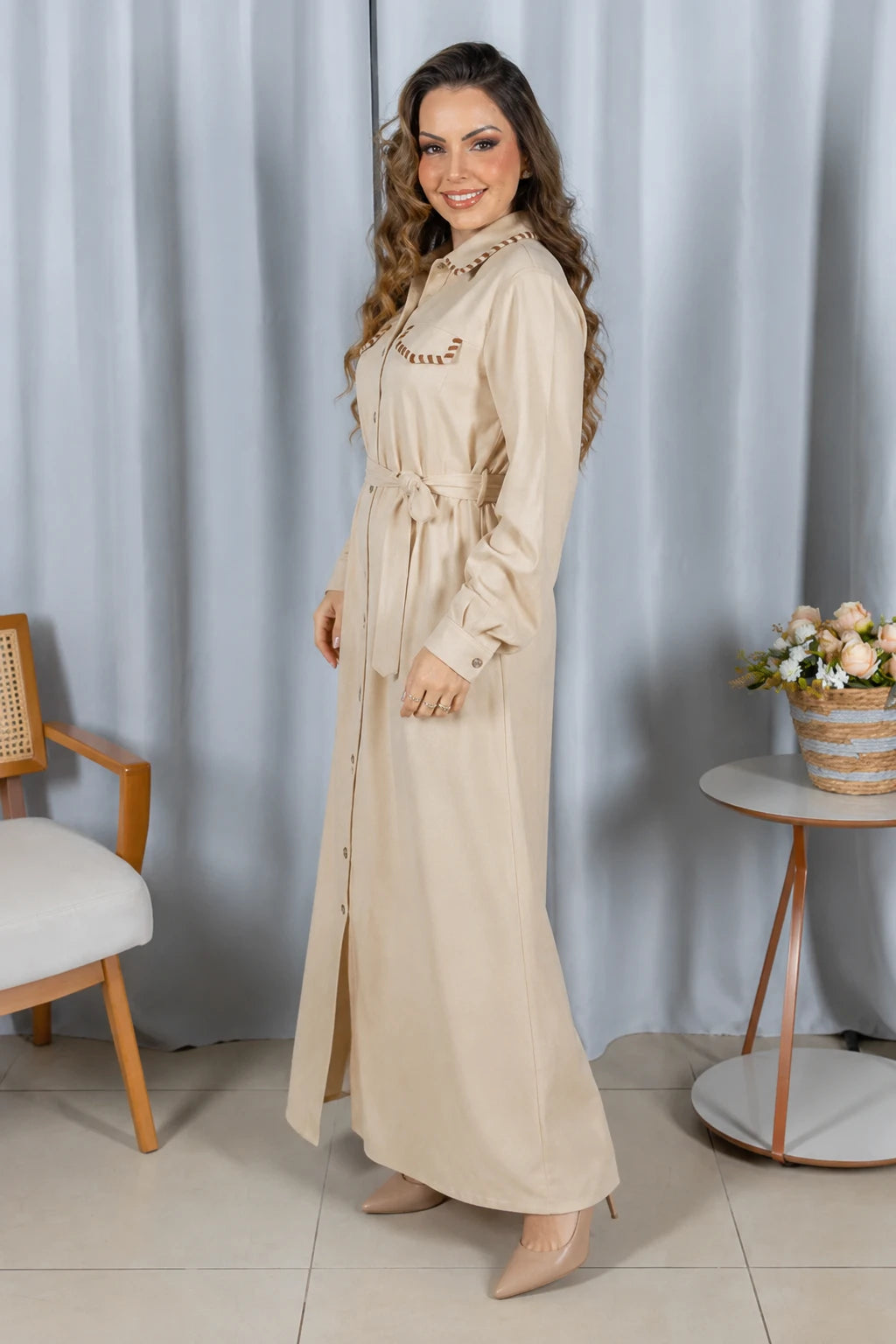 Chemise Suede Pesponto Sofisticado Luna Creme