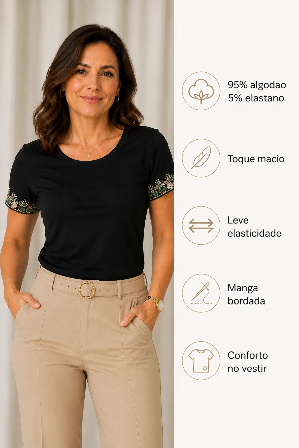 Blusa Cotton Lycra com Bordado Delicado Mariana Preta