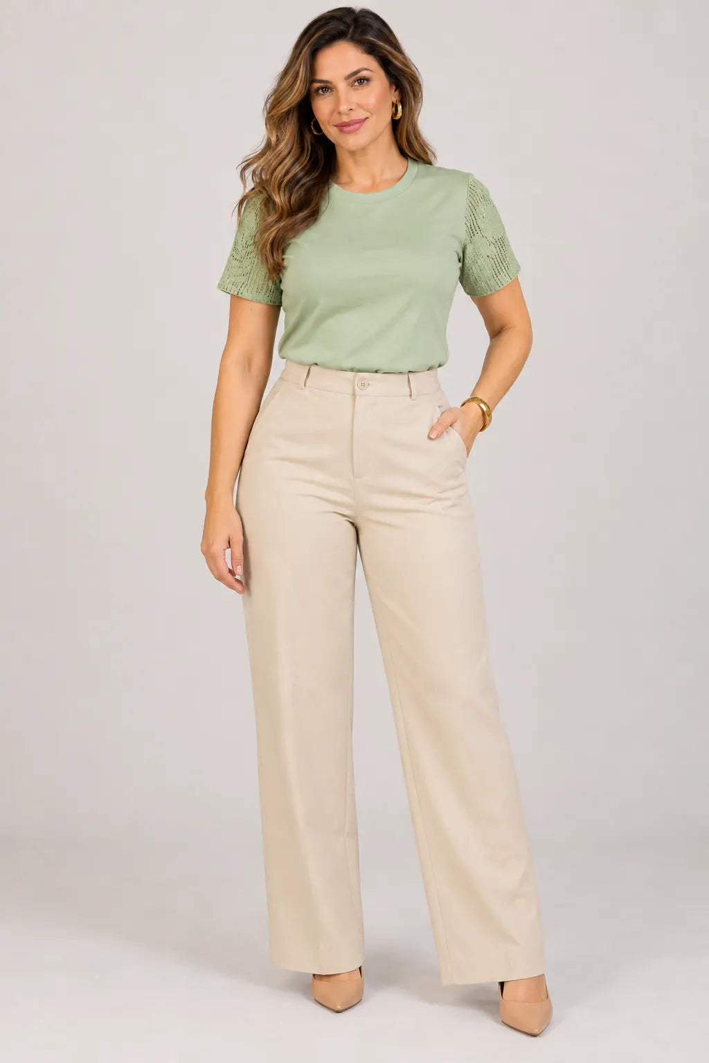 Blusa em Cotton Lycra com Manga Trabalhada em Renda Naiara Verde