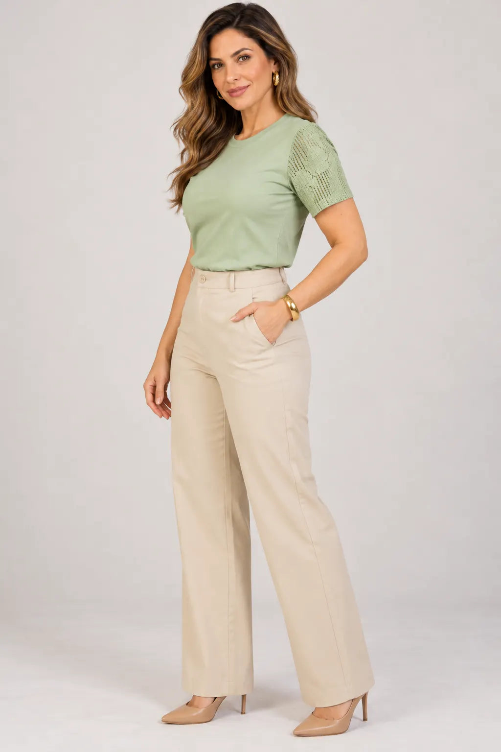 Blusa em Cotton Lycra com Manga Trabalhada em Renda Naiara Verde