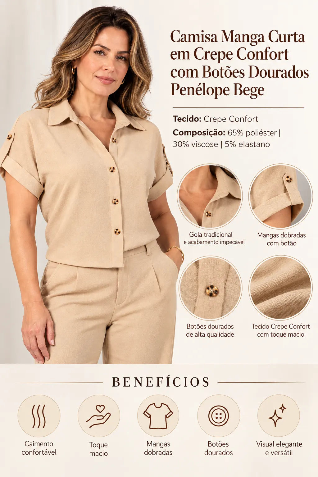 Camisa Manga Curta em Crepe Confort com Botões Dourados Penélope Bege