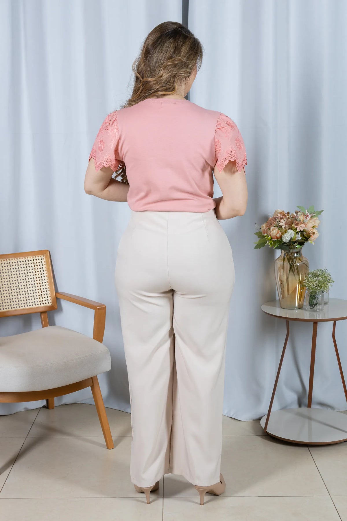 Blusa Cotton Lycra com Manga Delicada Aline Rosa