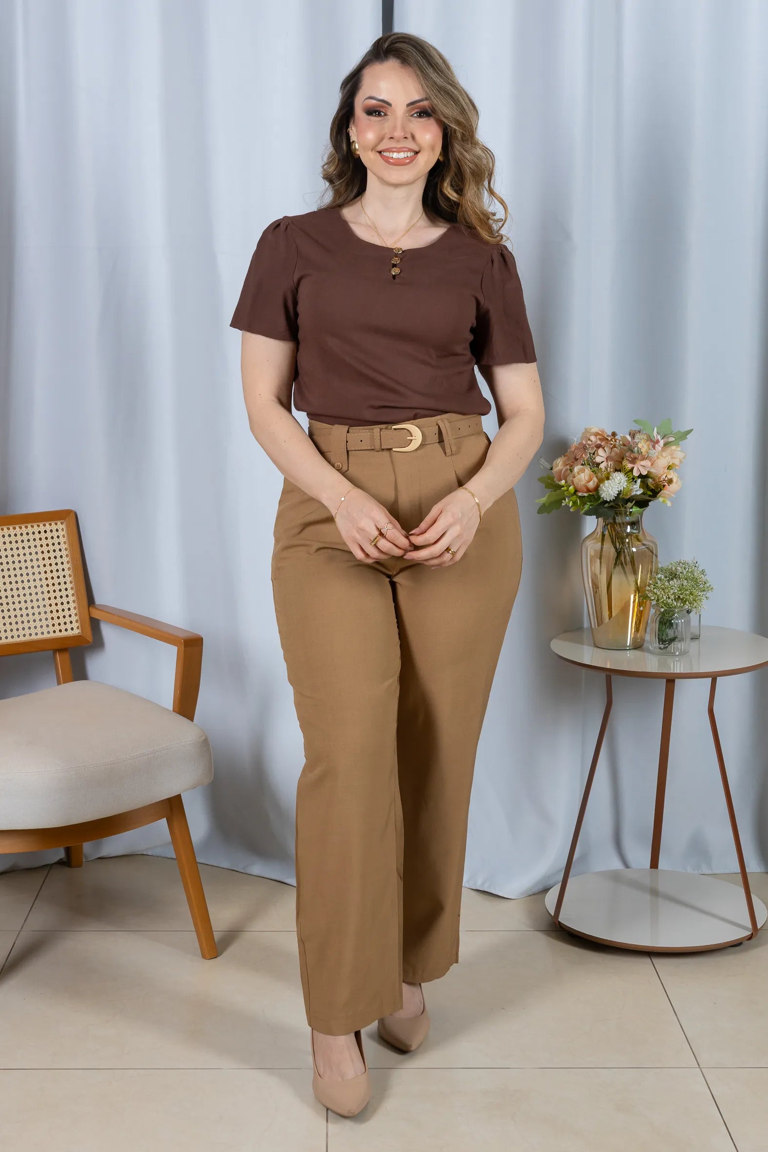 Blusa Visco Linen com Botões Chloe Marrom