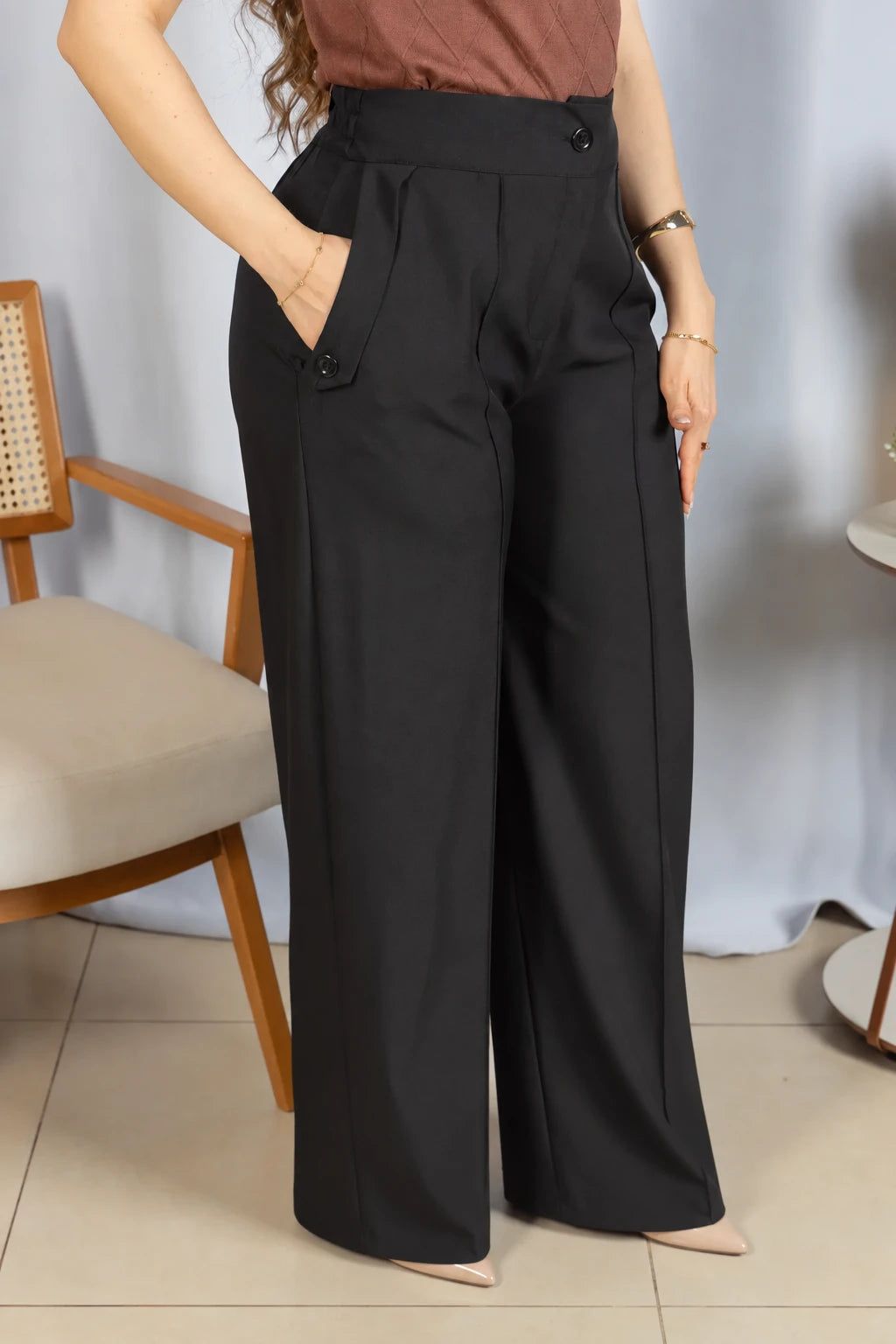 Calça Pantalona Confortável Cós com Elástico Simone Preta