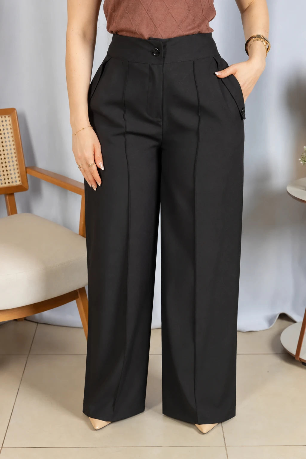 Calça Pantalona Confortável Cós com Elástico Simone Preta