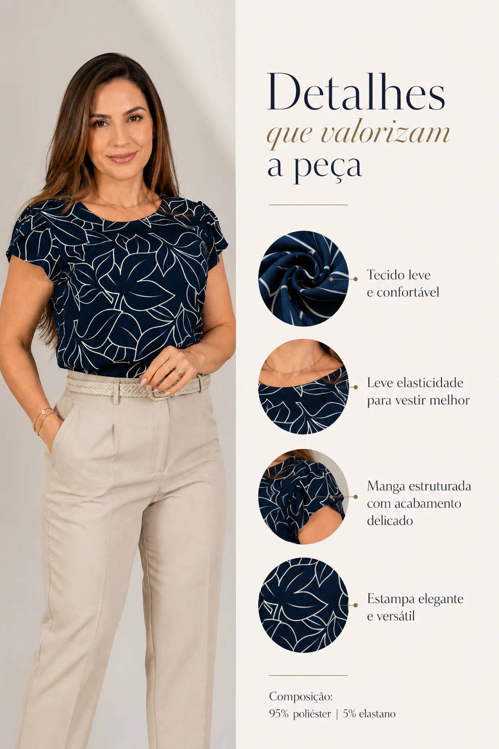 Blusa Estampada com Manga Transpassada Suelen Azul Marinho
