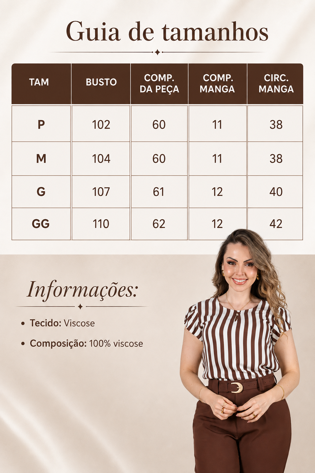 Blusa em Visco Rustic Listrada com Manga Transpassada Adriana Marrom
