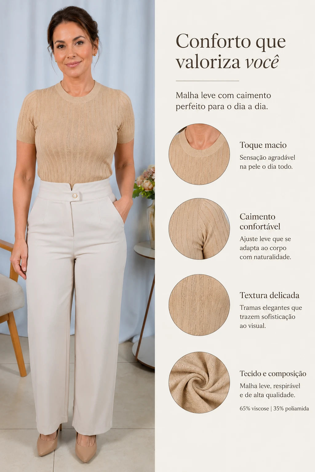 Blusa Manga Curta em Modal Canelado com Meia Gola Talita Bege