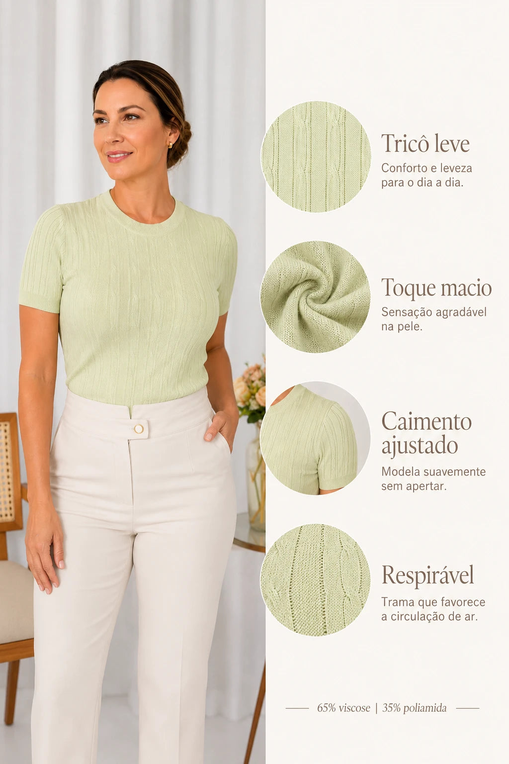 Blusa Manga Curta em Modal Canelado com Meia Gola Talita Verde