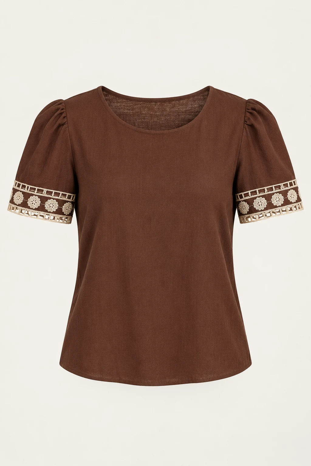 Blusa Manga Curta Em Viscose Bordado Entremeio Tamara Marrom