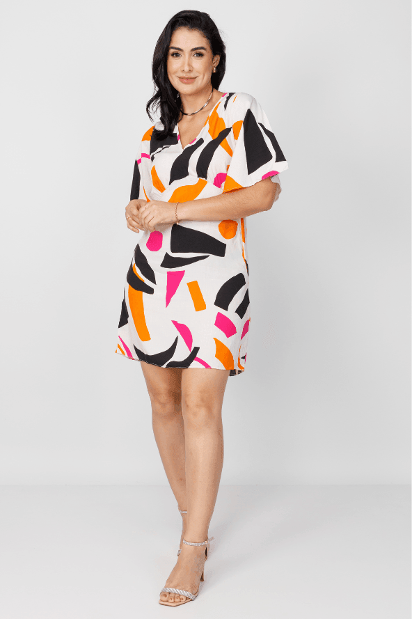 Vestido Curto Manga Flutuante Decote ''V'' Estampado Maju Creme - imporium
