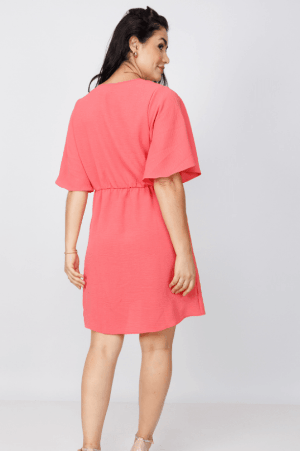 Vestido Curto Manga Flutuante Decote ''V'' Fabiana Coral - imporium