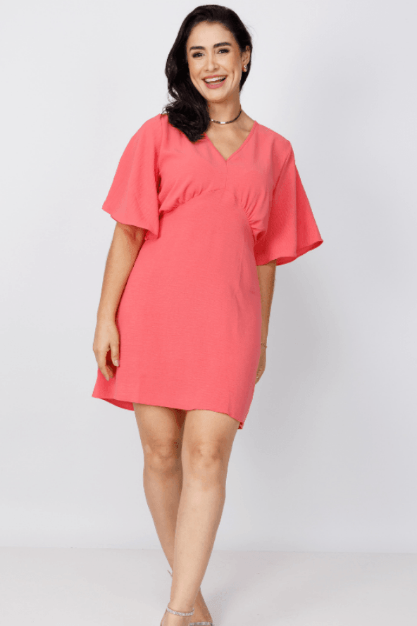 Vestido Curto Manga Flutuante Decote ''V'' Fabiana Coral - imporium