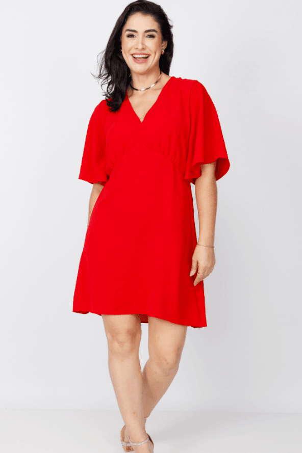 Vestido Curto Manga Flutuante Decote ''V'' Fabiana Vermelho - imporium