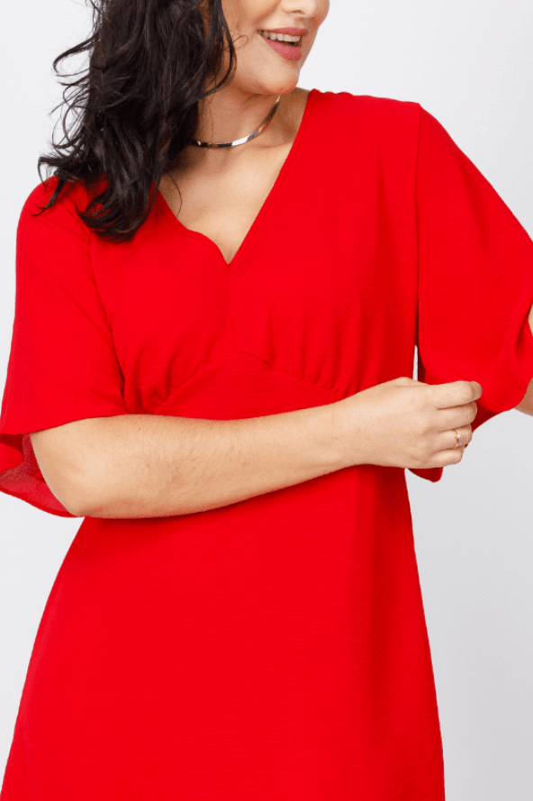 Vestido Curto Manga Flutuante Decote ''V'' Fabiana Vermelho - imporium