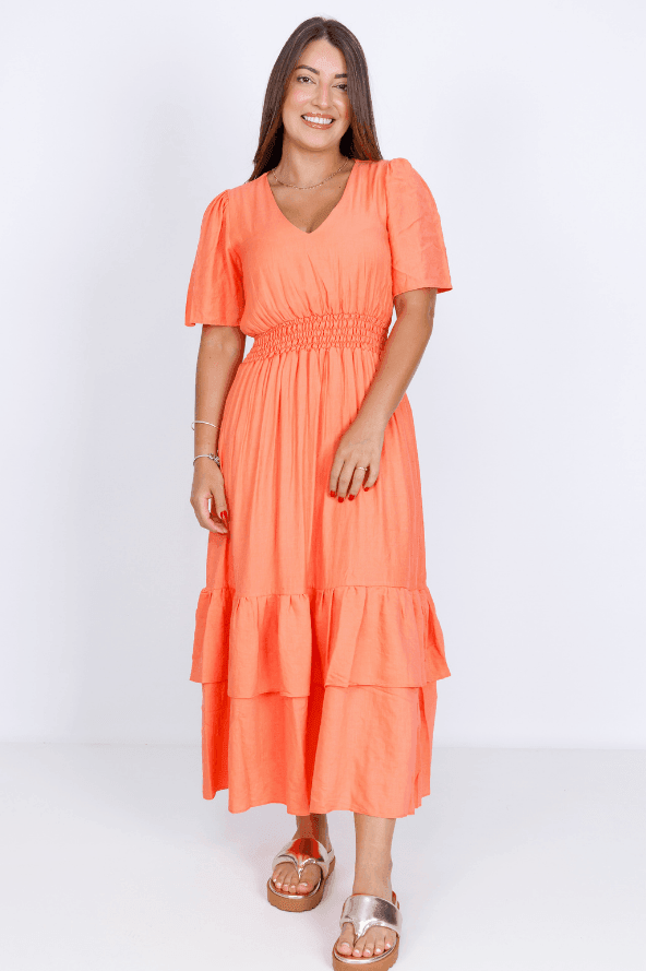 Vestido Lastex Decote "V" Liso Francine Laranja - imporium