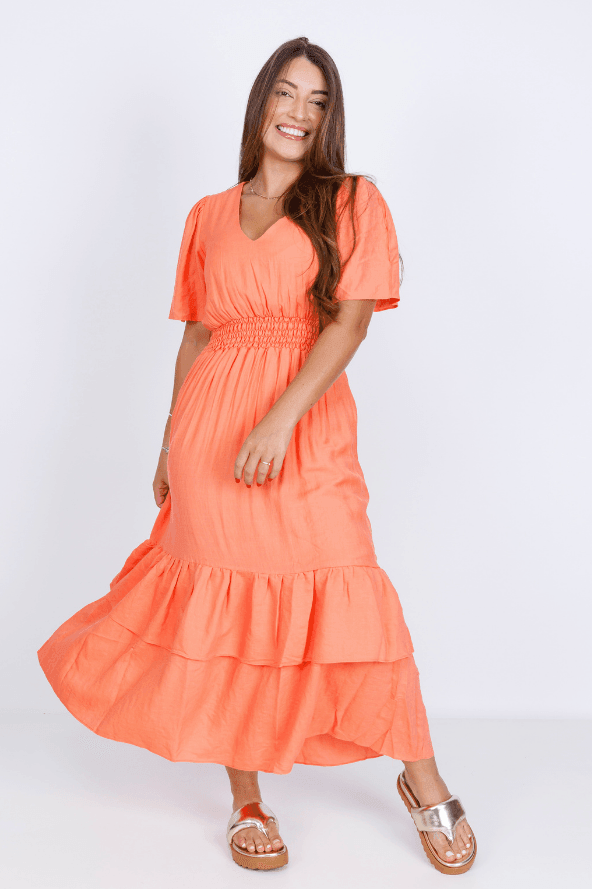 Vestido Lastex Decote "V" Liso Francine Laranja - imporium
