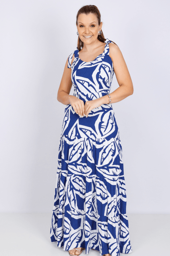 Vestido Midi Laço Alça Ágata Estampado Azul - imporium
