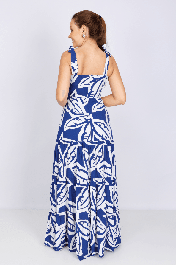 Vestido Midi Laço Alça Ágata Estampado Azul - imporium