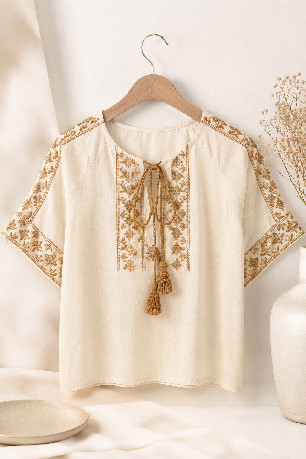Blusa Em Cotton Linho Fresca Bordada Com Amarração Edna Creme