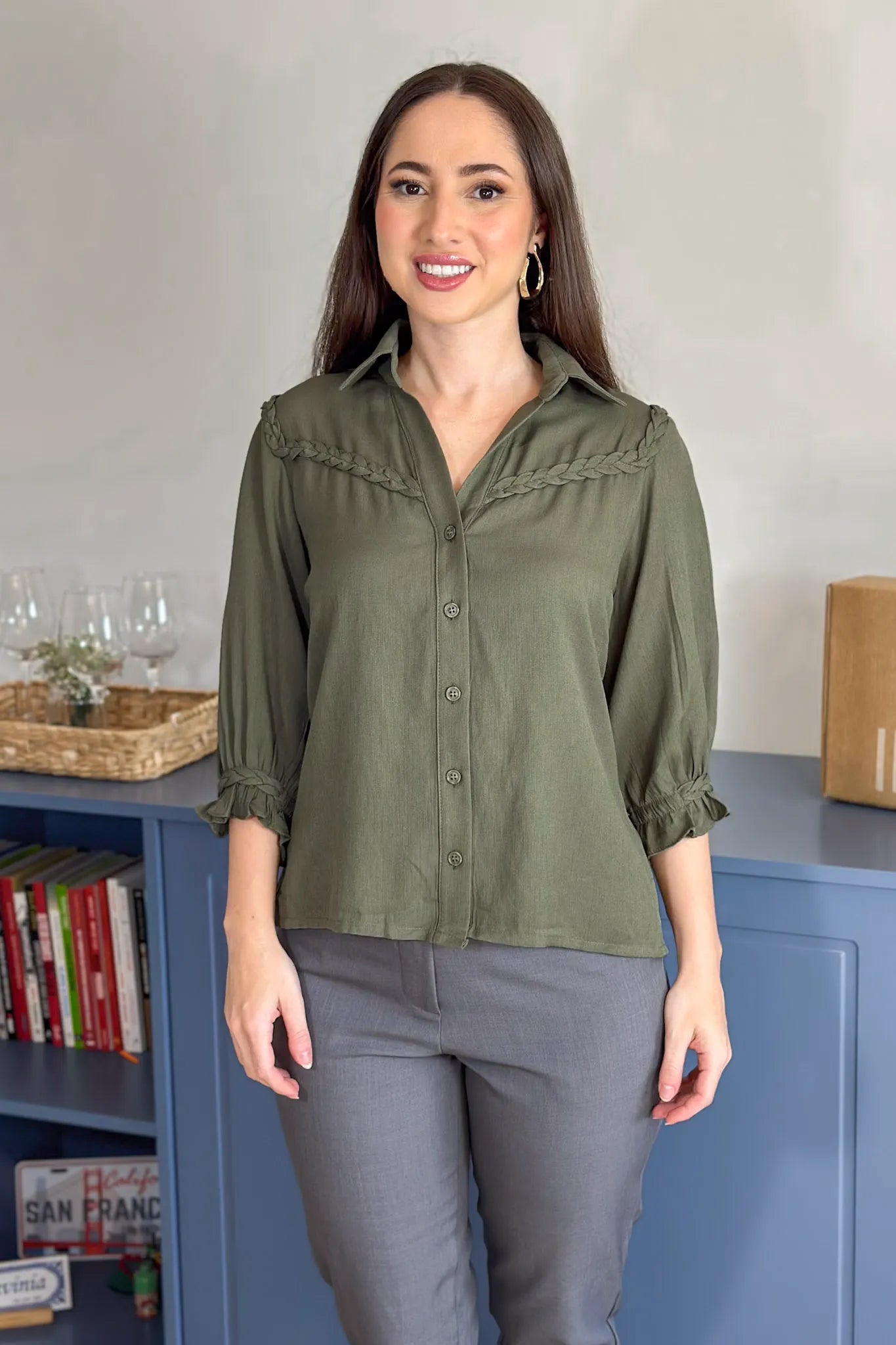 Blusa Manga 3/4 Visco Soft Detalhe Trançado Elenir Verde Militar
