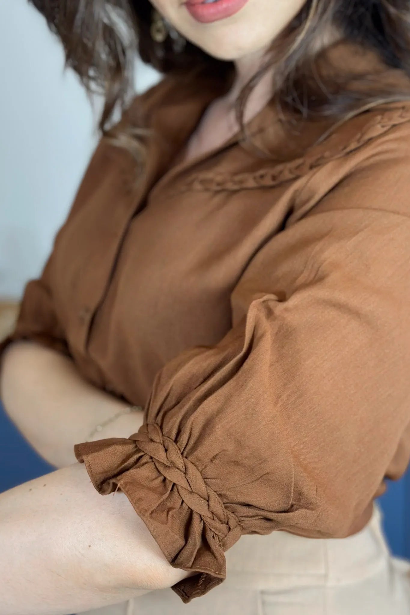 Blusa Manga 3/4 Visco Soft Detalhe Trançado Elenir Marrom