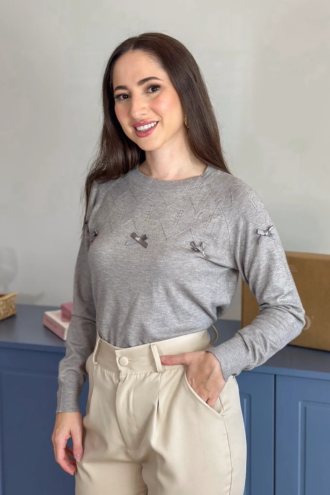 Blusa Manga Longa Em Tricot Cotton Ágata Cinza