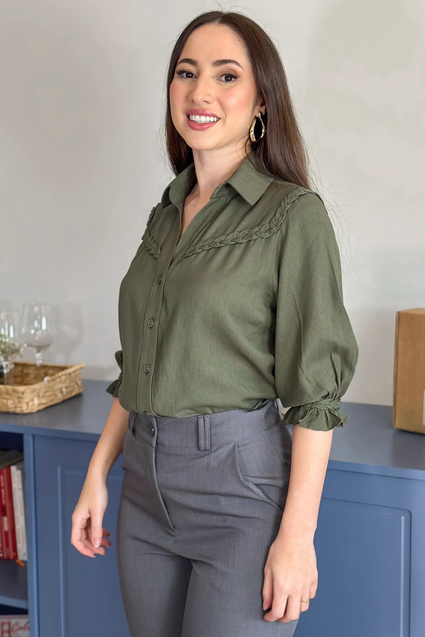 Blusa Manga 3/4 Visco Soft Detalhe Trançado Elenir Verde Militar