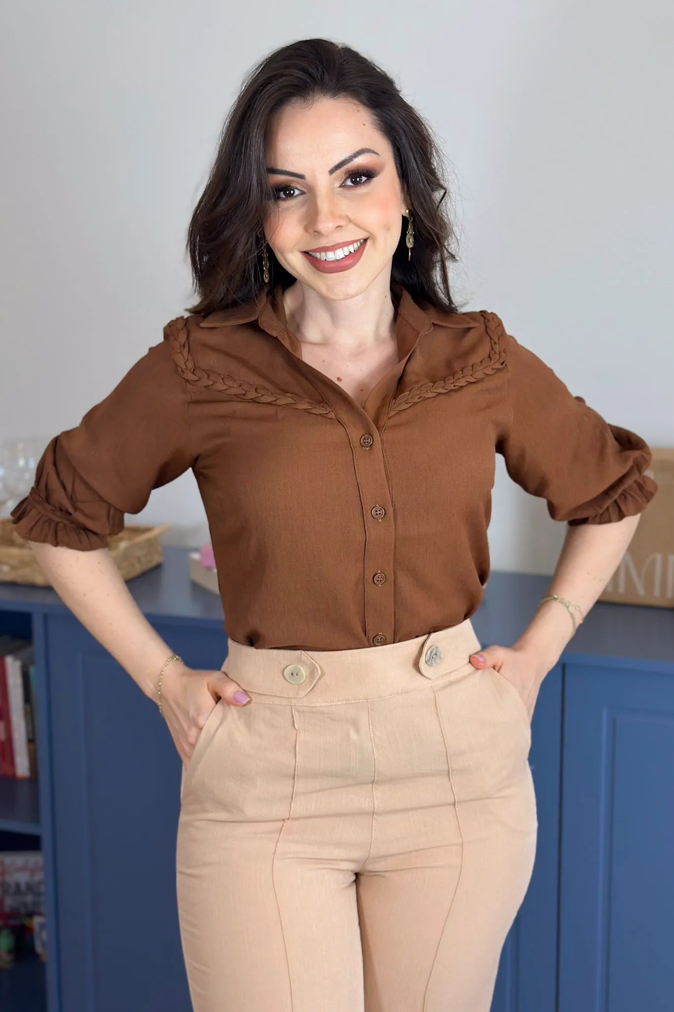 Blusa Manga 3/4 Visco Soft Detalhe Trançado Elenir Marrom