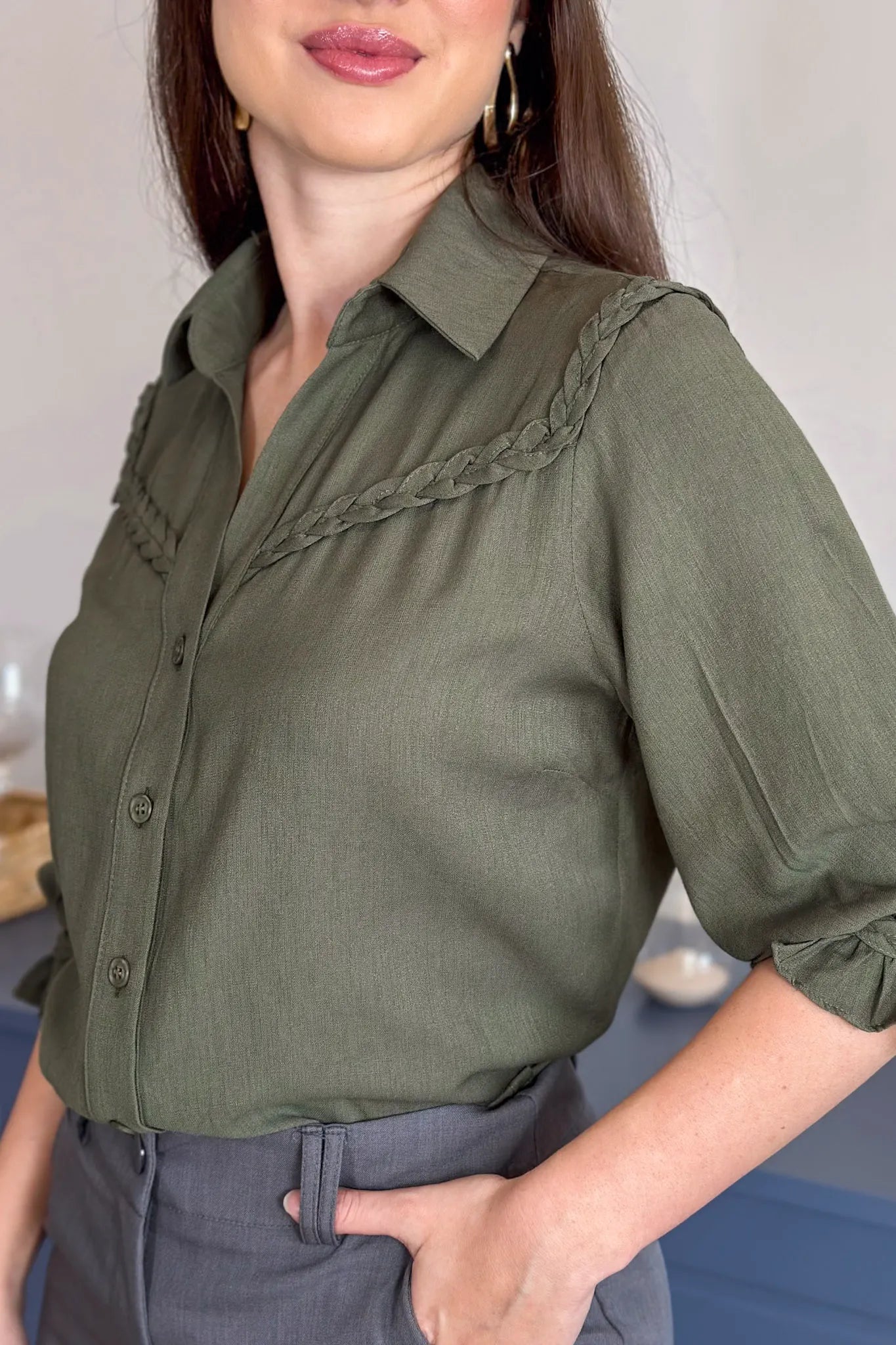Blusa Manga 3/4 Visco Soft Detalhe Trançado Elenir Verde Militar