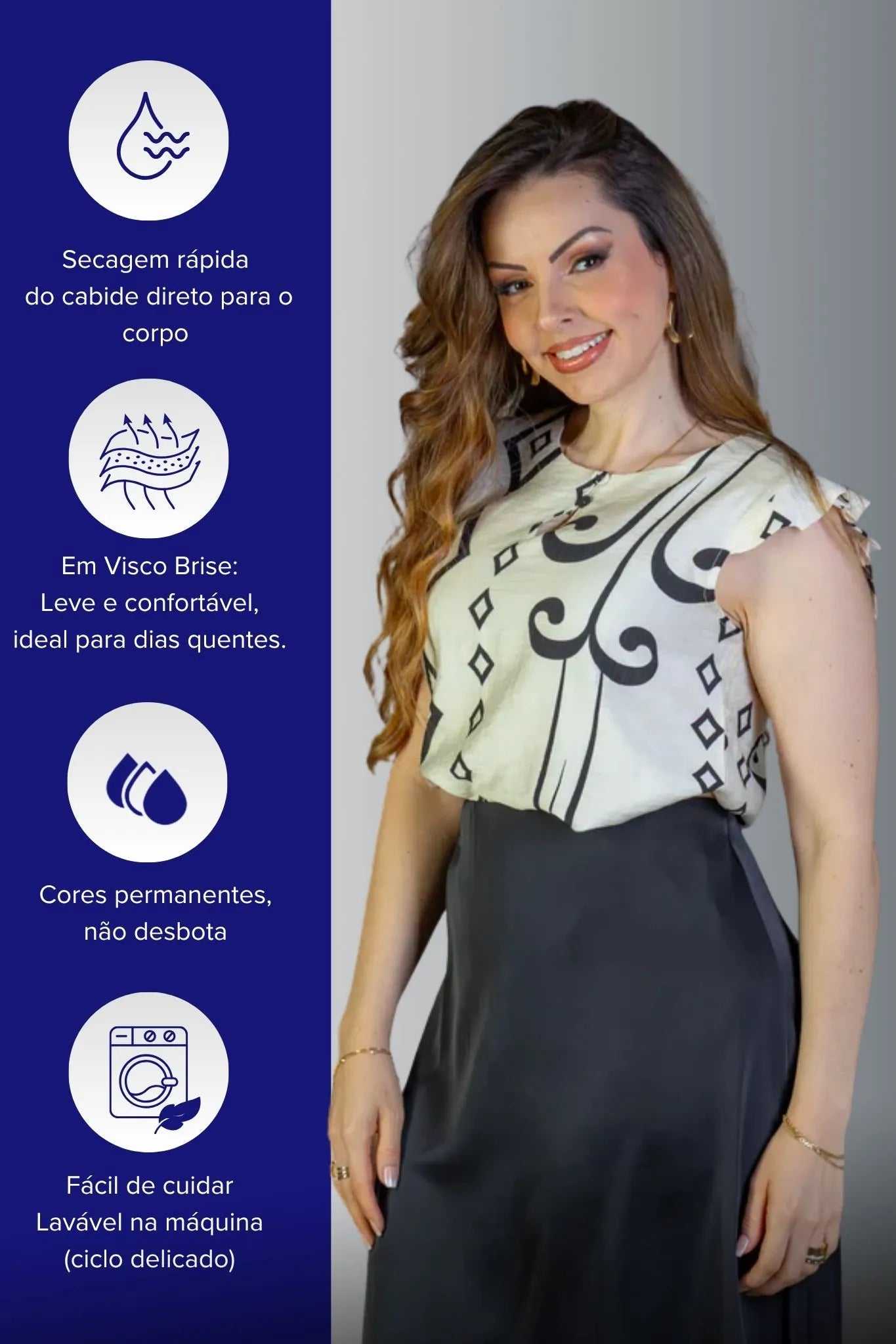 Blusa Regata Babados Sheila Visco Brise Estampada Preta