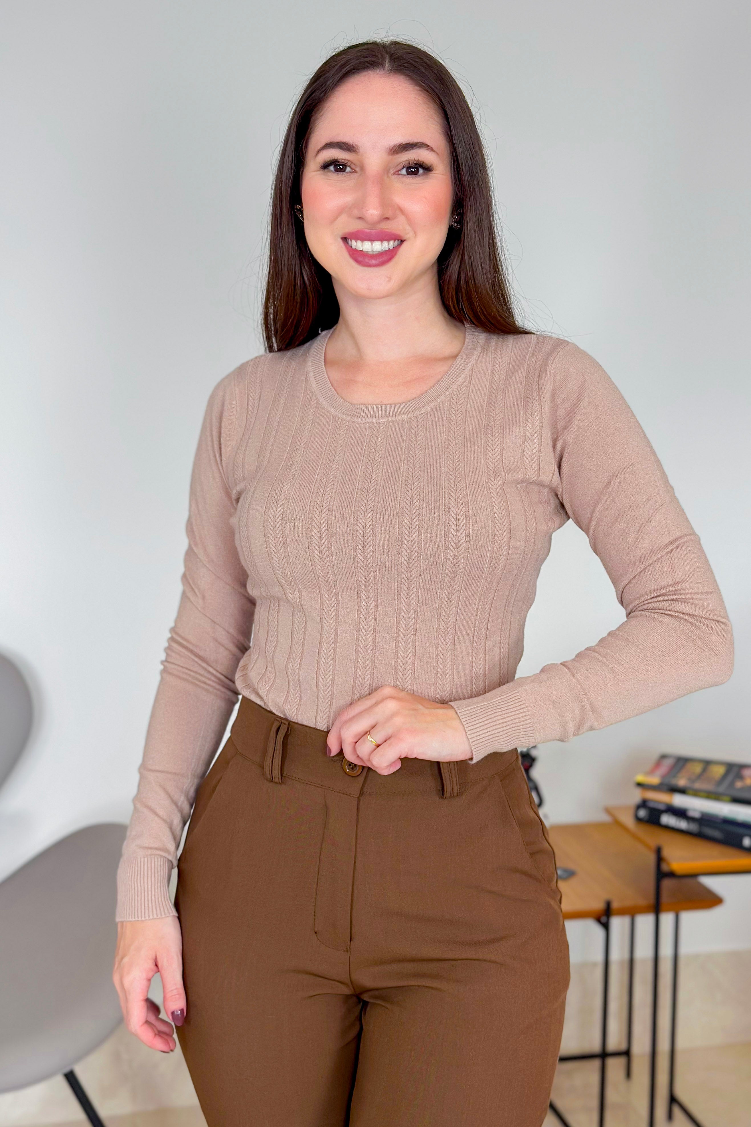Blusa Manga Longa Em Tricot Lux Adriele Bege