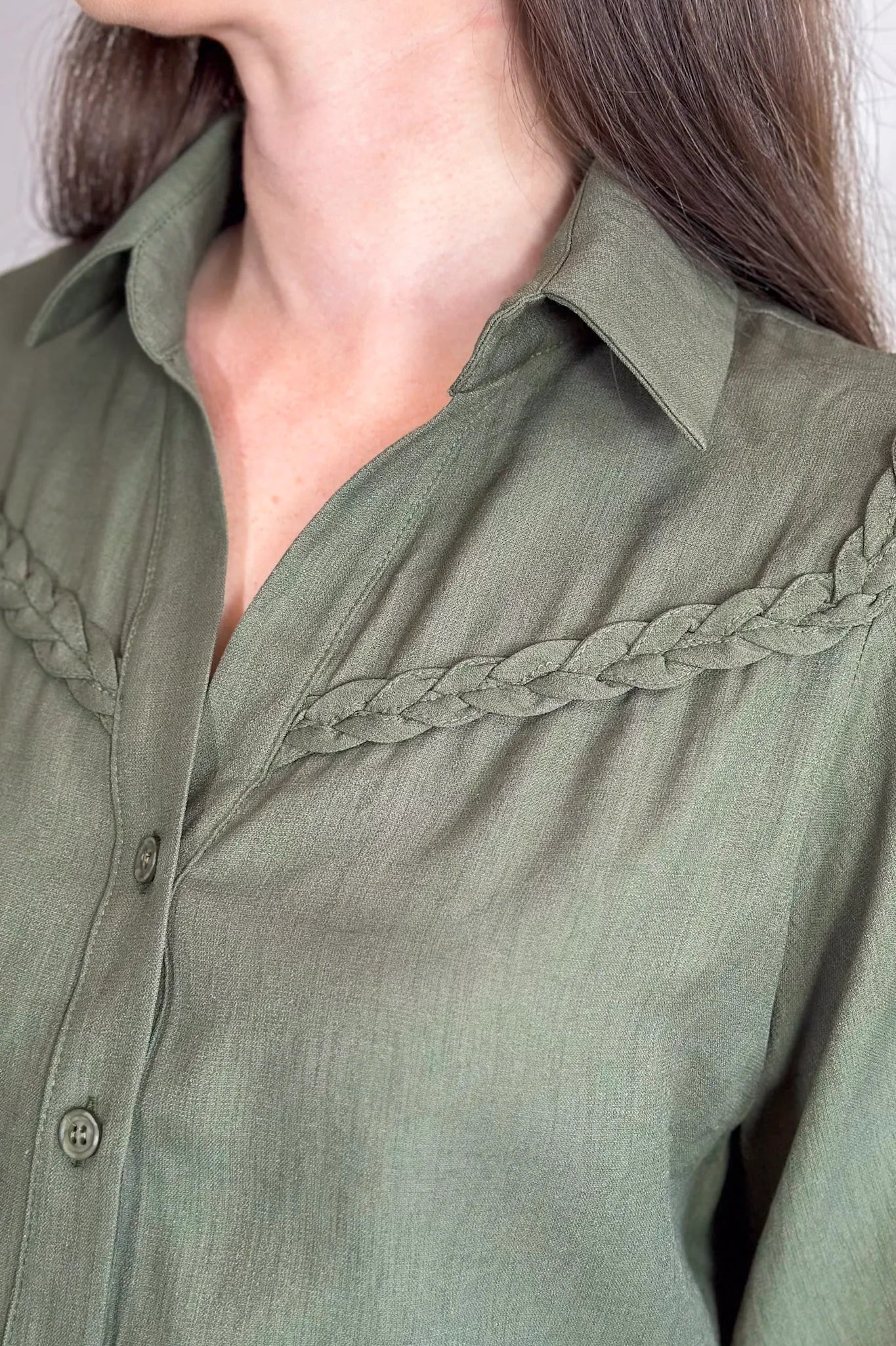 Blusa Manga 3/4 Visco Soft Detalhe Trançado Elenir Verde Militar