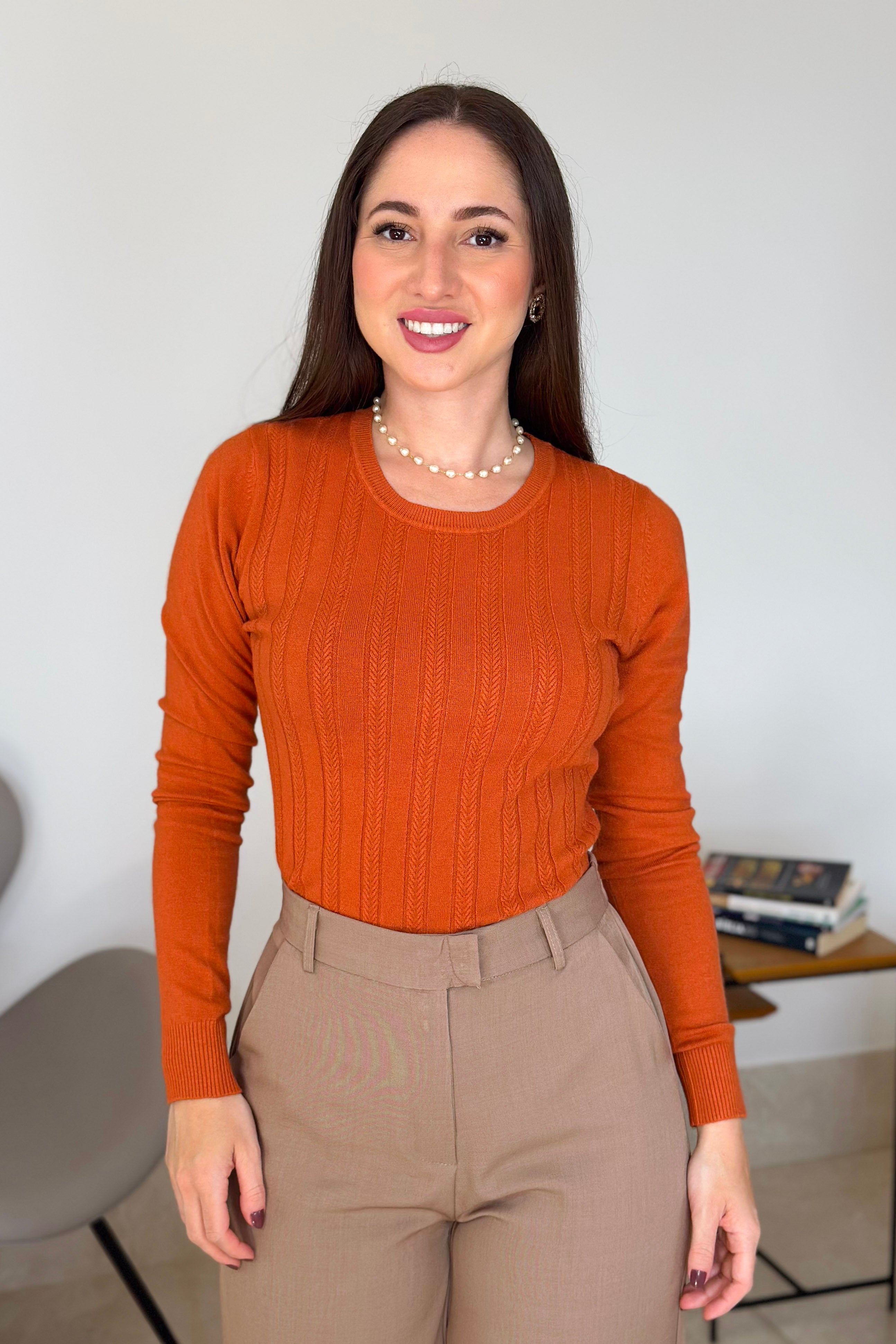 Blusa Manga Longa Em Tricot Lux Adriele Terracota