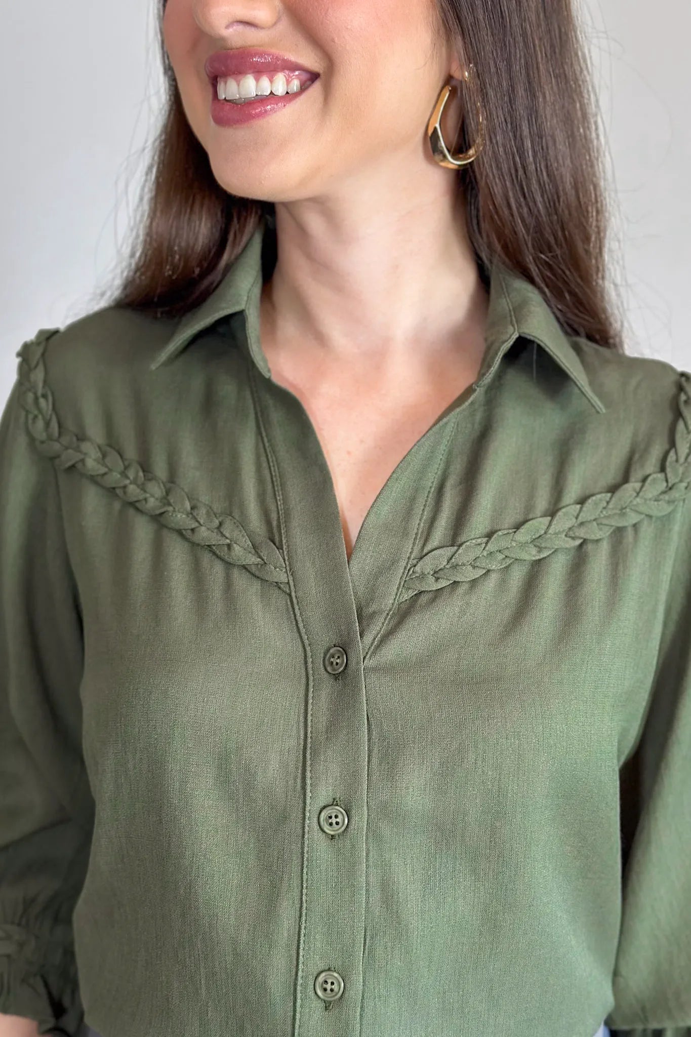 Blusa Manga 3/4 Visco Soft Detalhe Trançado Elenir Verde Militar
