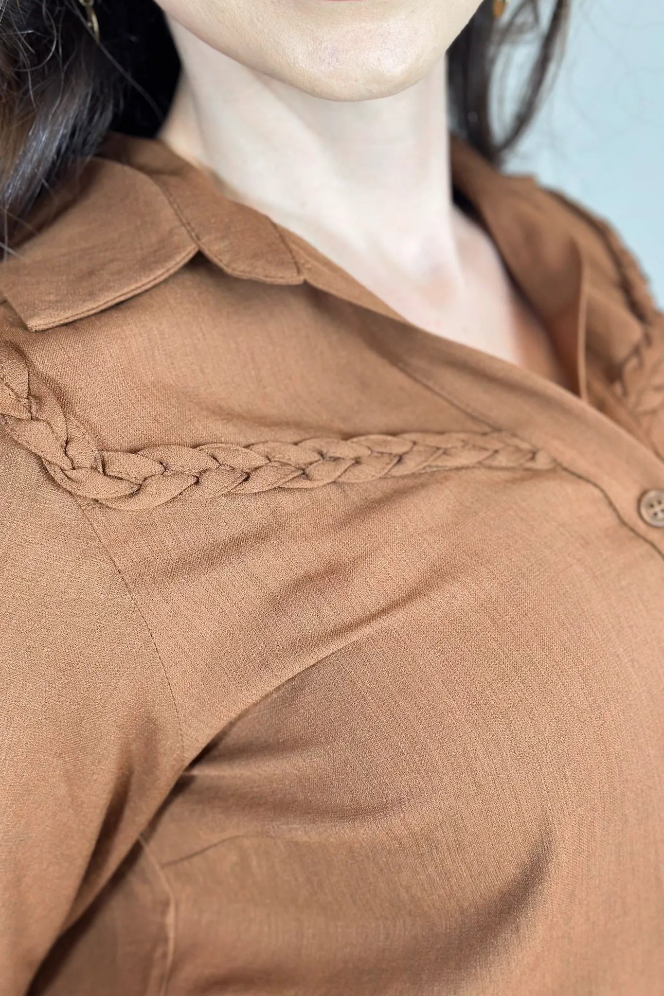 Blusa Manga 3/4 Visco Soft Detalhe Trançado Elenir Marrom