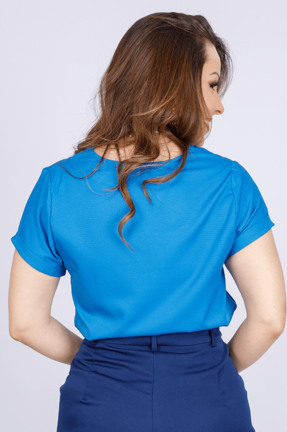 Blusa Textura Manga Curta Decote "V" Bianca Azul Oceano