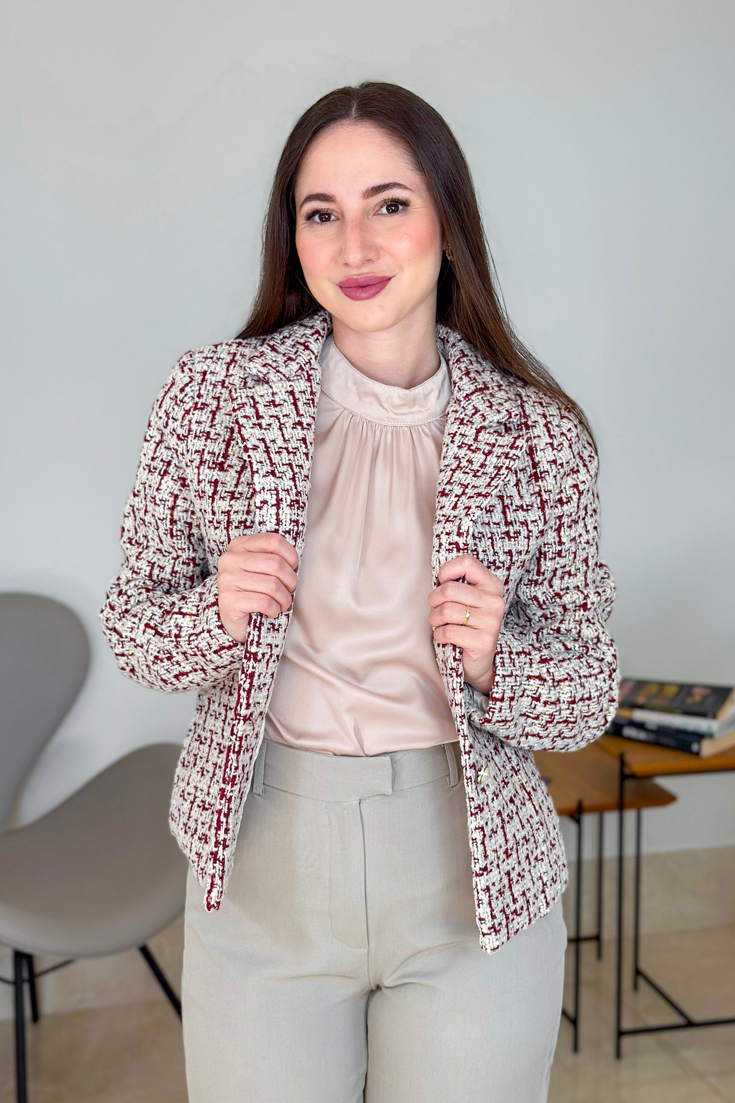 Casaco Elegante Em Tweed Pérola Estampado Vermelho