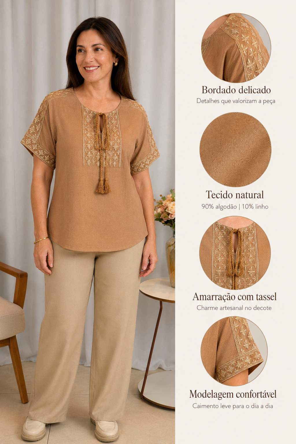 Blusa Em Cotton Linho Fresca Bordada Com Amarração Edna Marrom