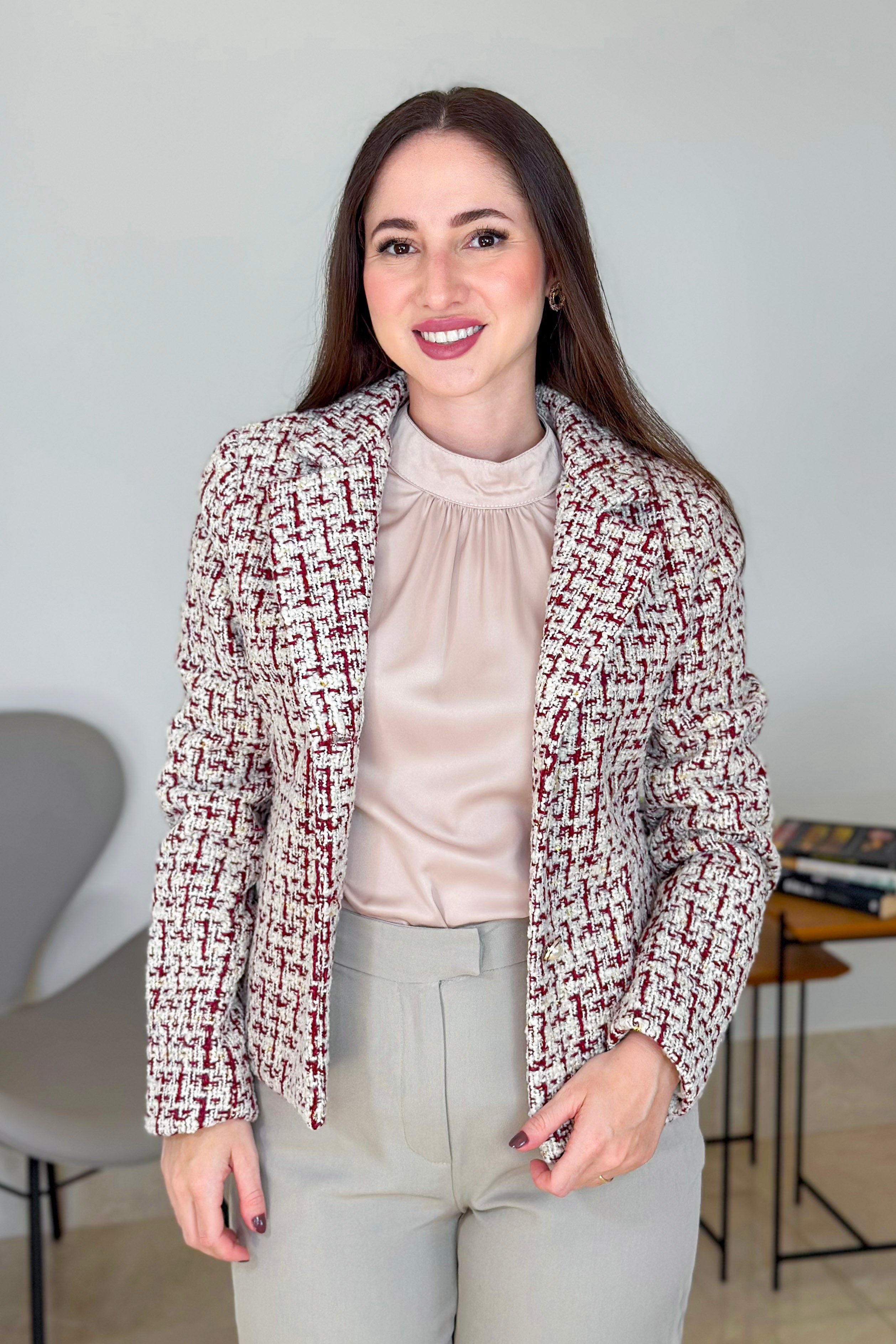Casaco Elegante Em Tweed Pérola Estampado Vermelho