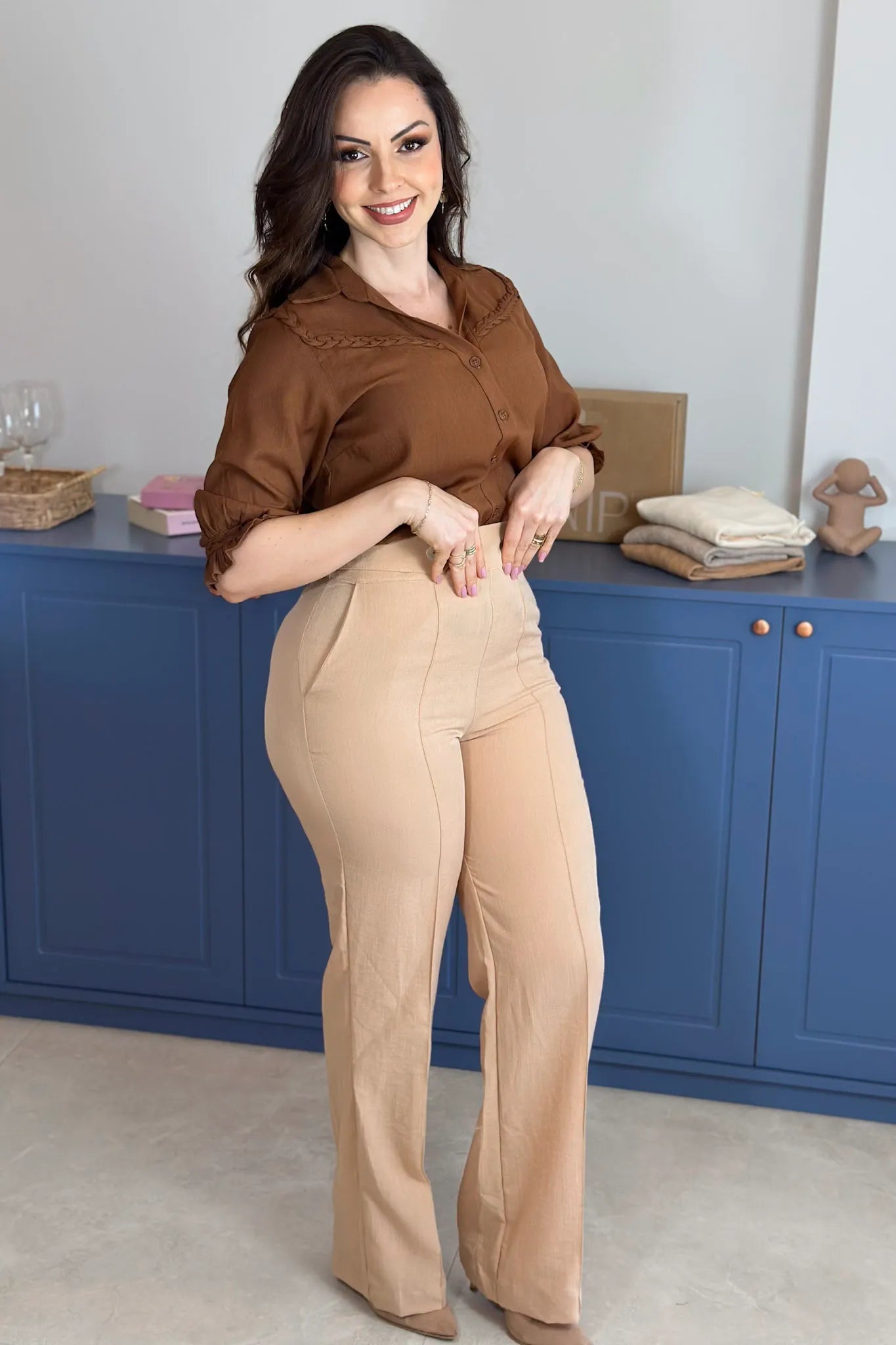 Blusa Manga 3/4 Visco Soft Detalhe Trançado Elenir Marrom
