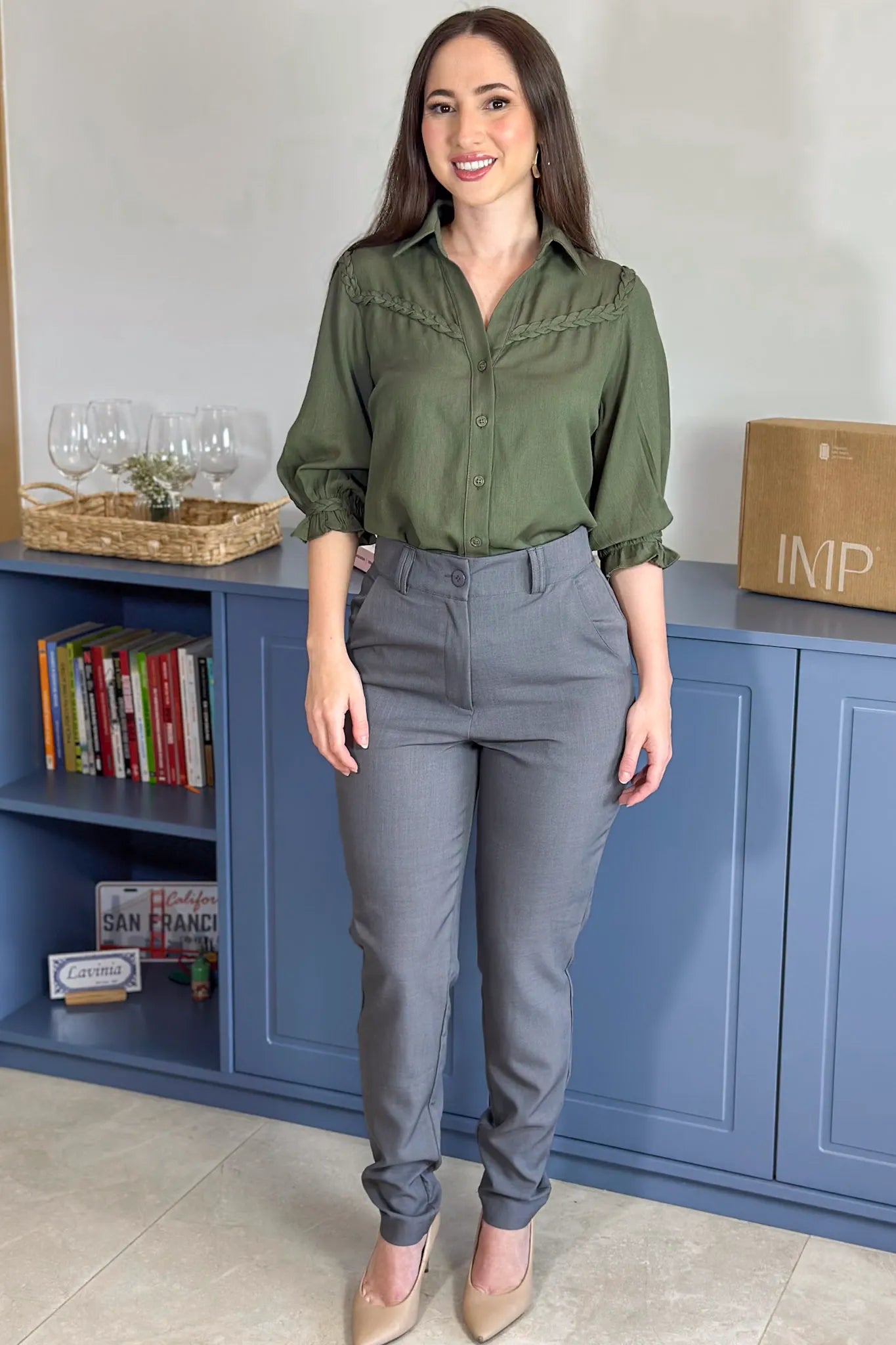 Blusa Manga 3/4 Visco Soft Detalhe Trançado Elenir Verde Militar