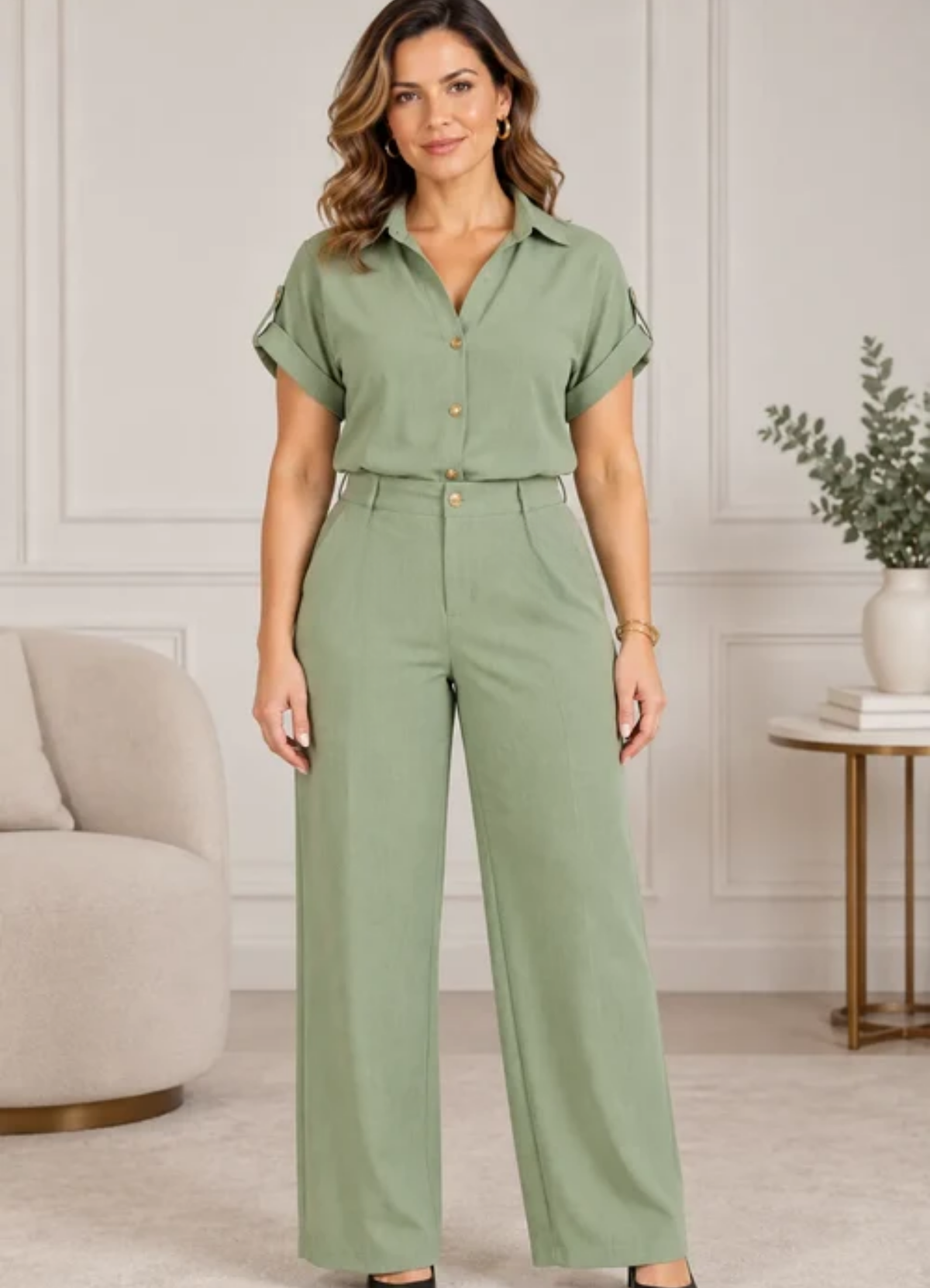 Calça em Crepe Confort com Botão Dourado Penélope Verde